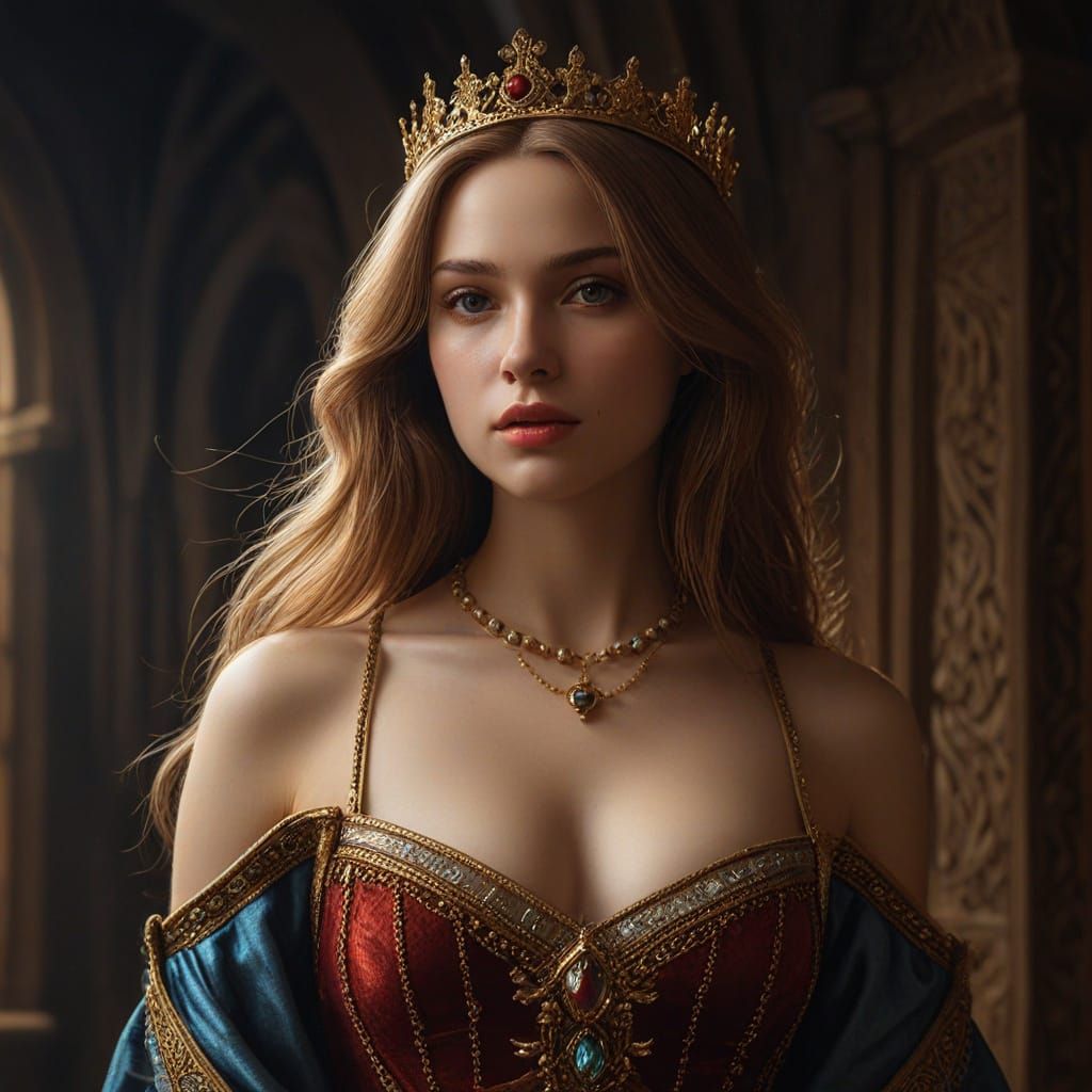 Medieval Princess with Crimson Hair in Dramatic Oil Painting...