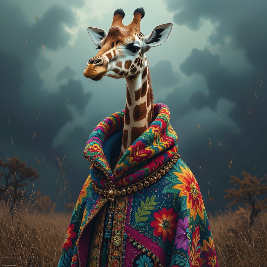 Giraffe in Colorful Cloak with Hyperrealistic Textures