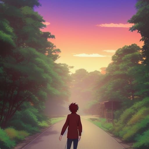 Red-Haired Man Walks in Anime Key Visual Style