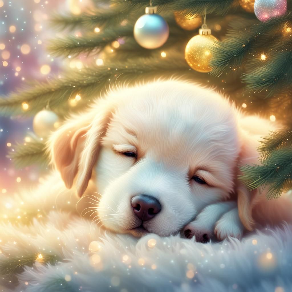 Cute Puppy Sleeping Under Christmas Tree in Digital Art