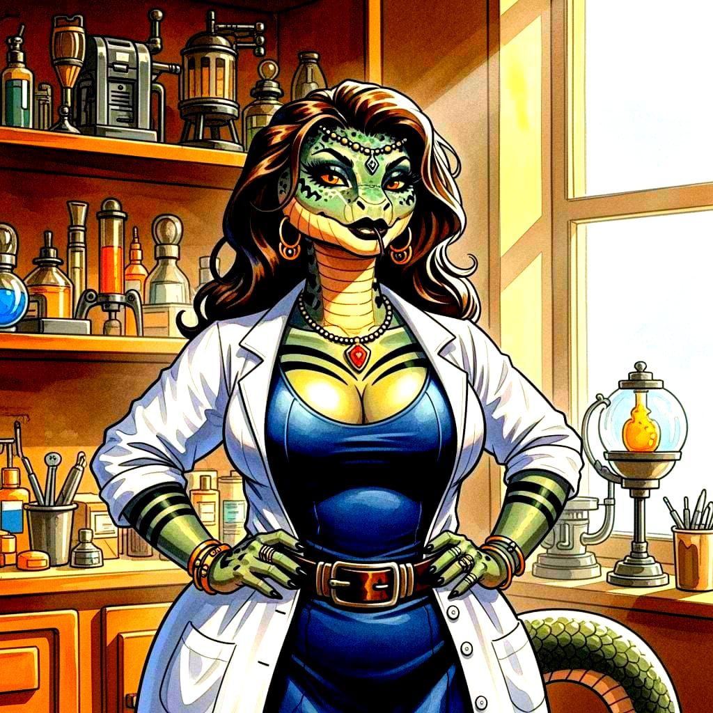 Anthropomorphic Snake Doctor in Retro Clinic