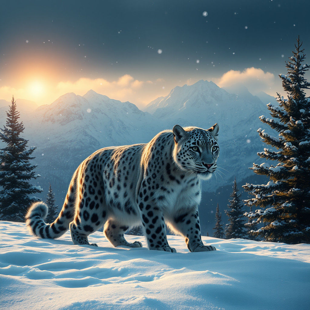 Snow Leopard Hunting in Snowy Mountains