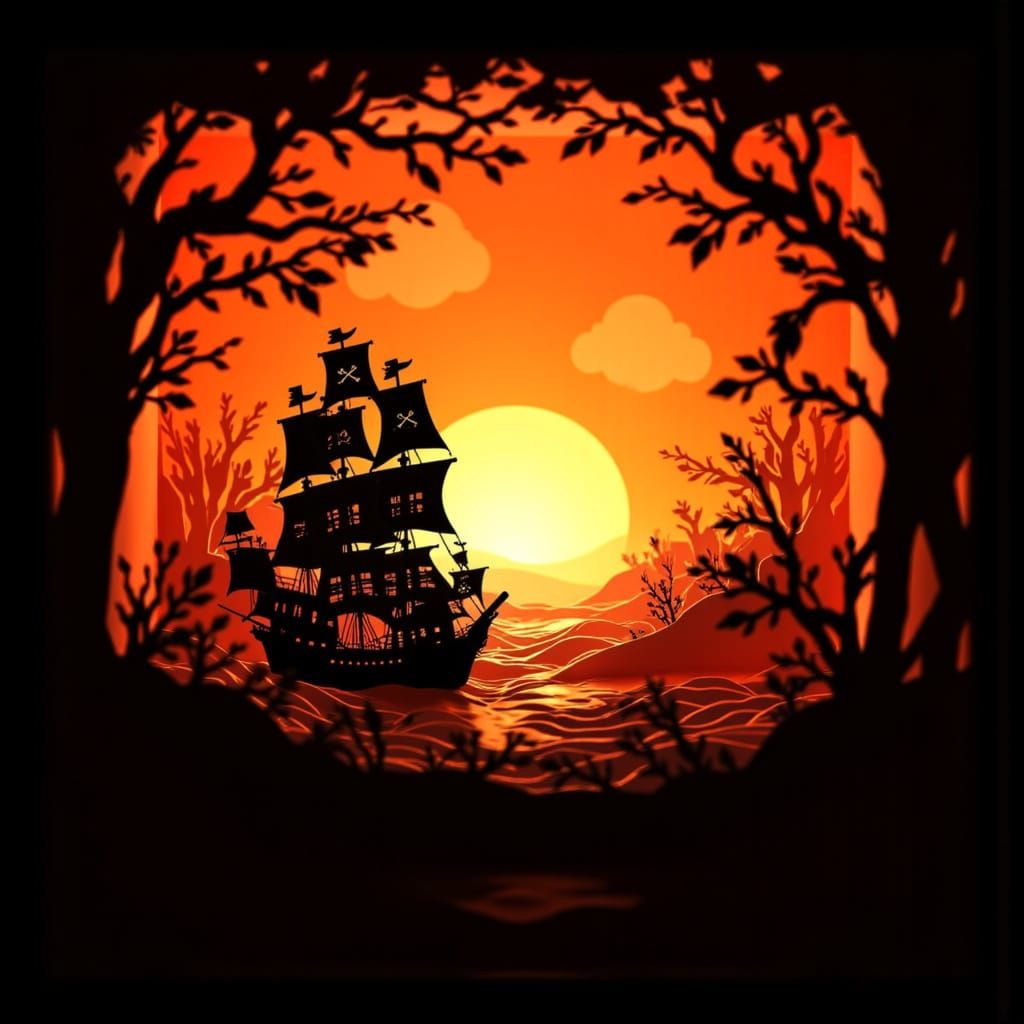 Pirate Ship Sunset in Papercut Diorama Style
