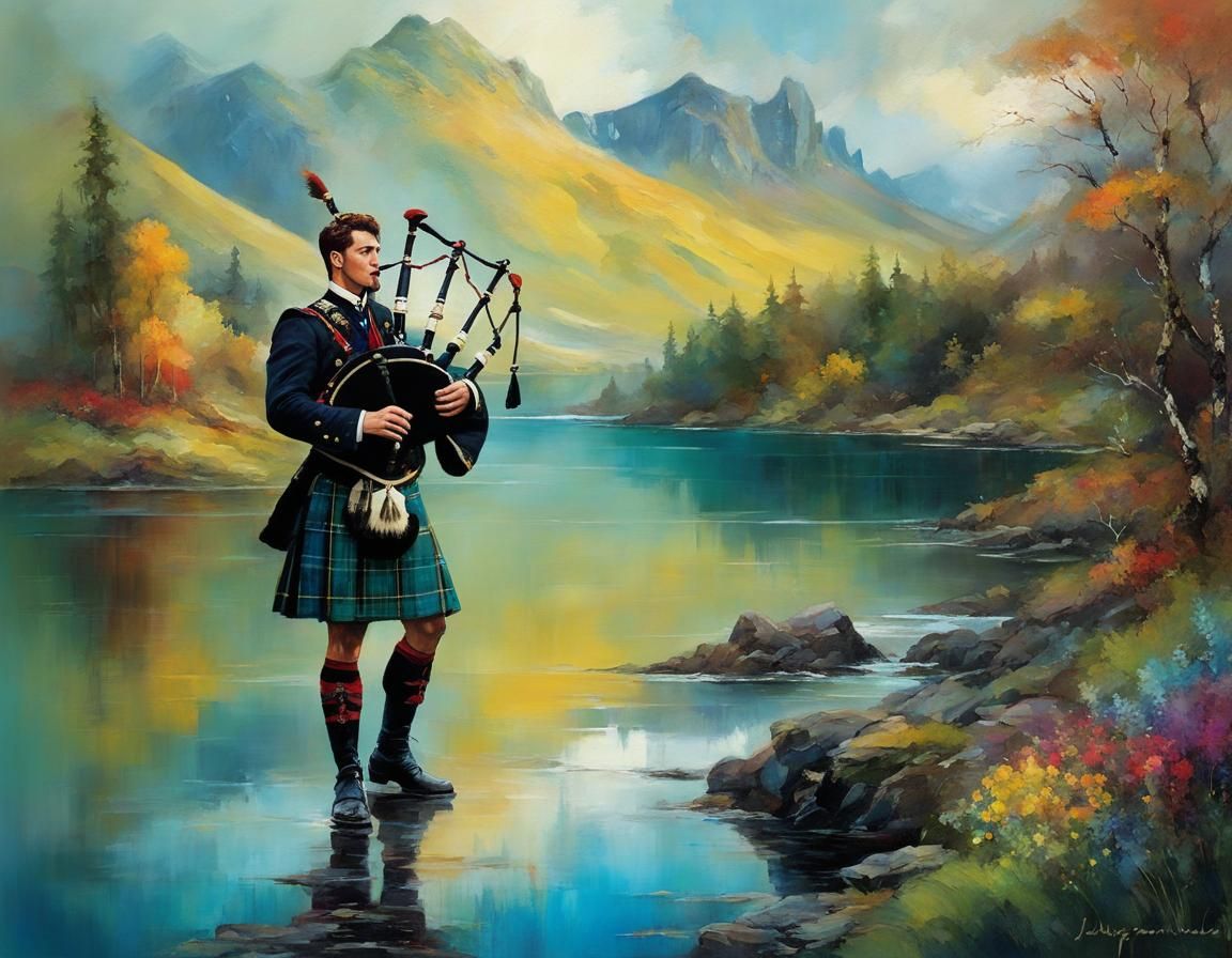 Scottish Bagpiper in Fantasy Oil Painting