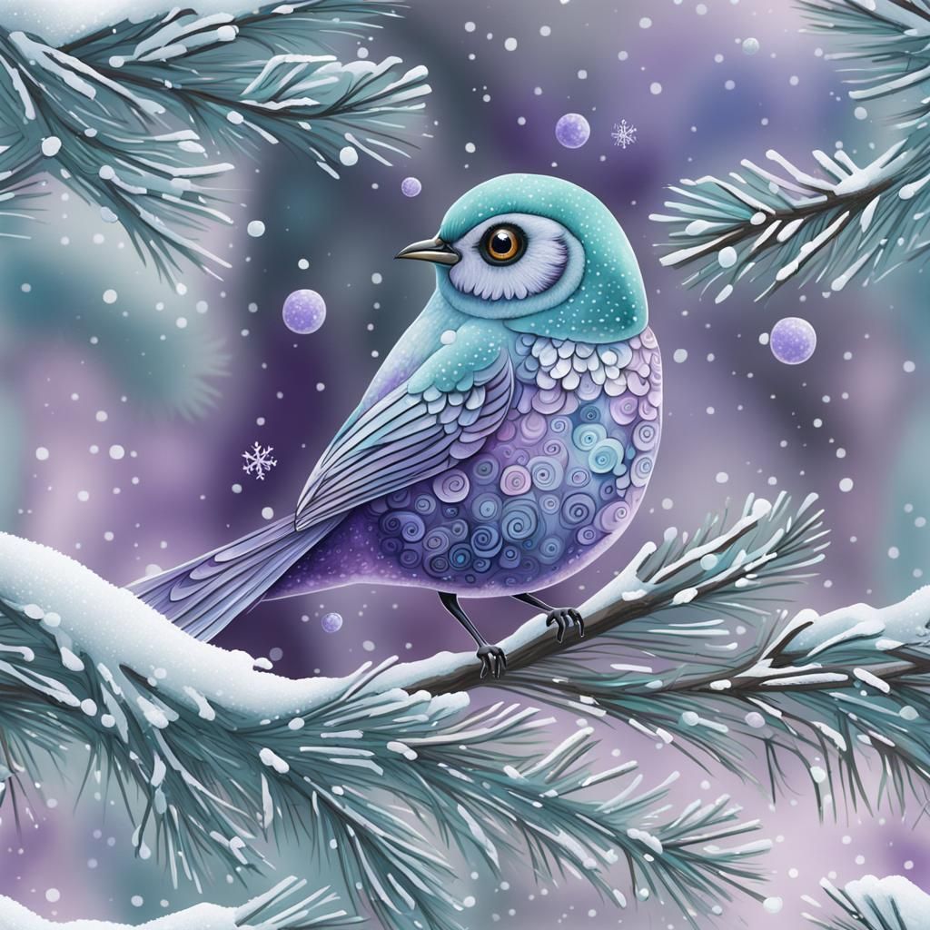 Quirky Bird with Big Lavender Eyes, Frosty Teal and Purple, Snowy Pine Forest, Intricate Details, 12k Resolution, Fine A...