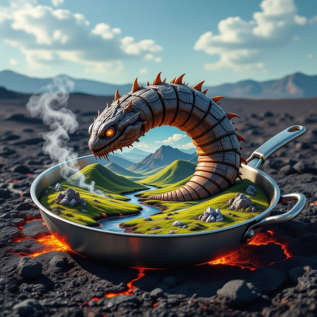 Steampunk Sandworm in Frying Pan Scene