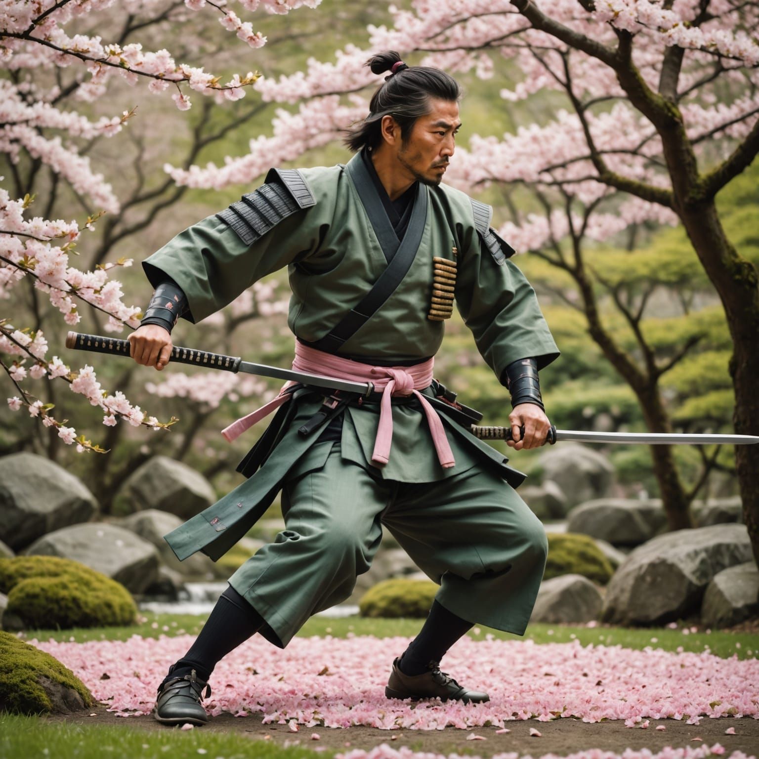 Samurai Warrior Trips Amidst Cherry Blossoms