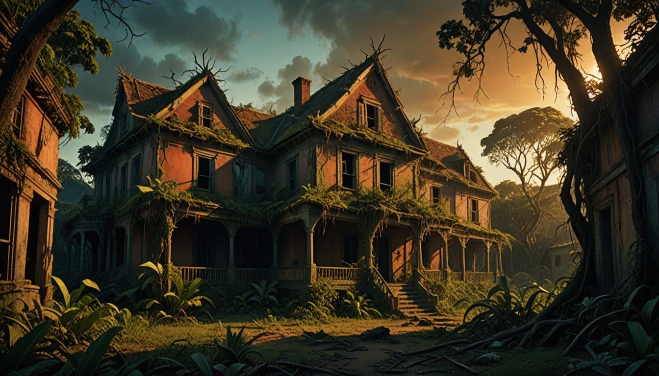 Overgrown Caribbean Village at Sunset Digital Matte Painting