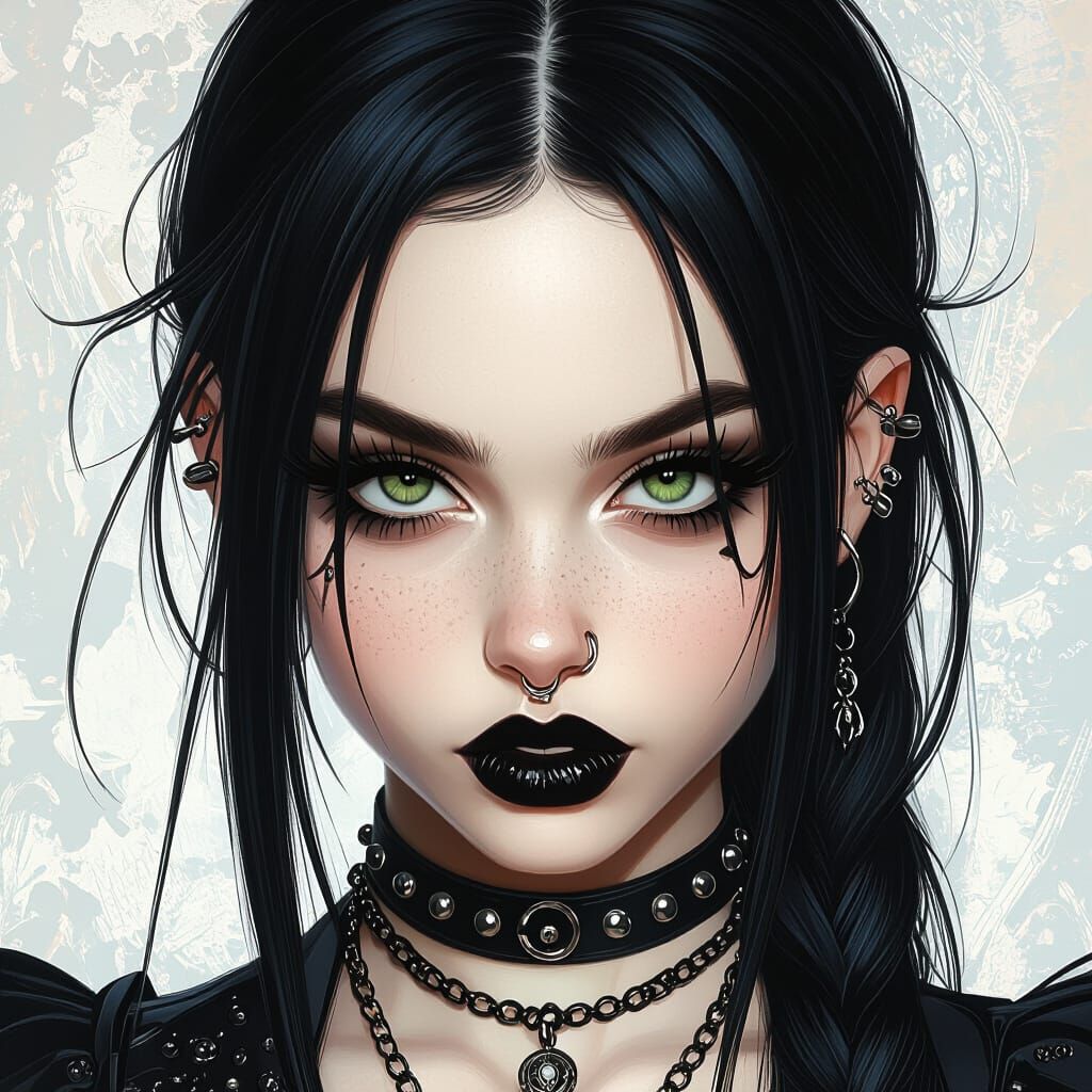 Goth Portrait of Masculine Girl with Piercings and Black Lip...