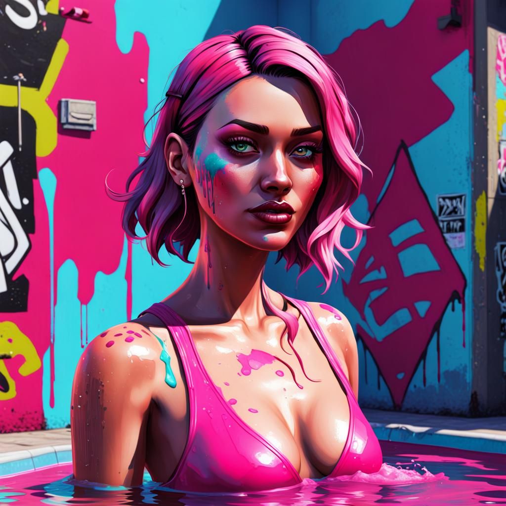 Sim Girl in Pink Pool as Graffiti Art