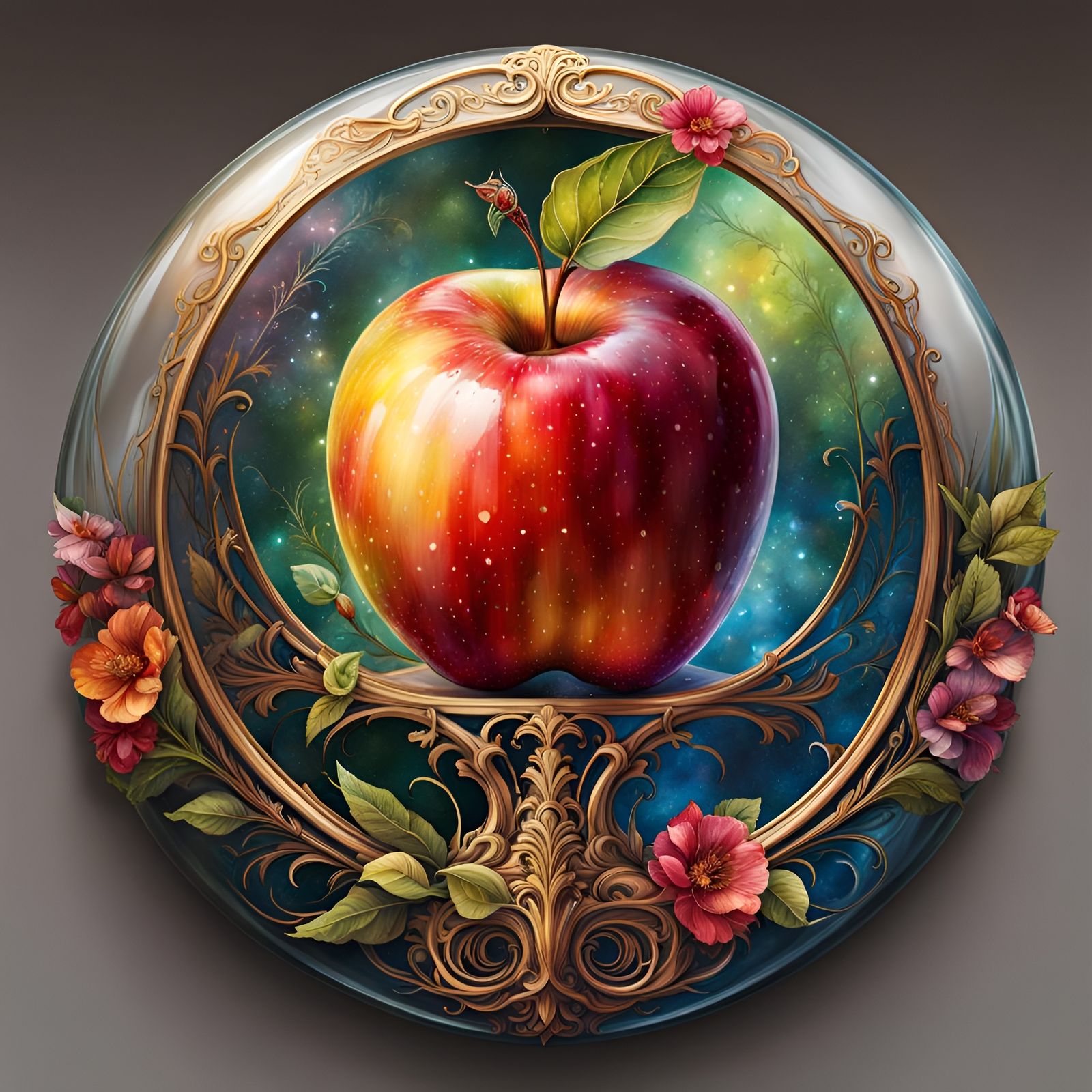 Apple Yin Yang Emblem in Glass, Watercolor Style