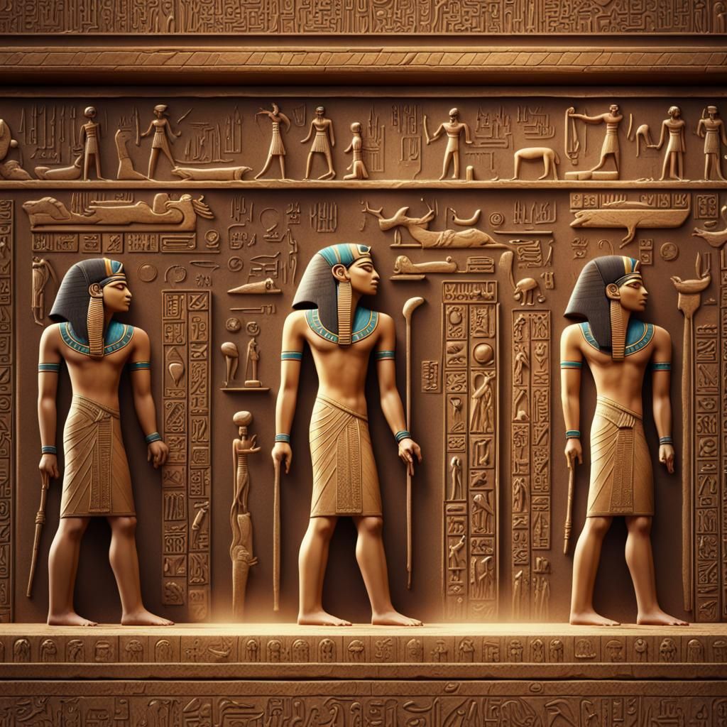 Ancient Egyptians Carving Hieroglyphics: Detailed Matte Pain...