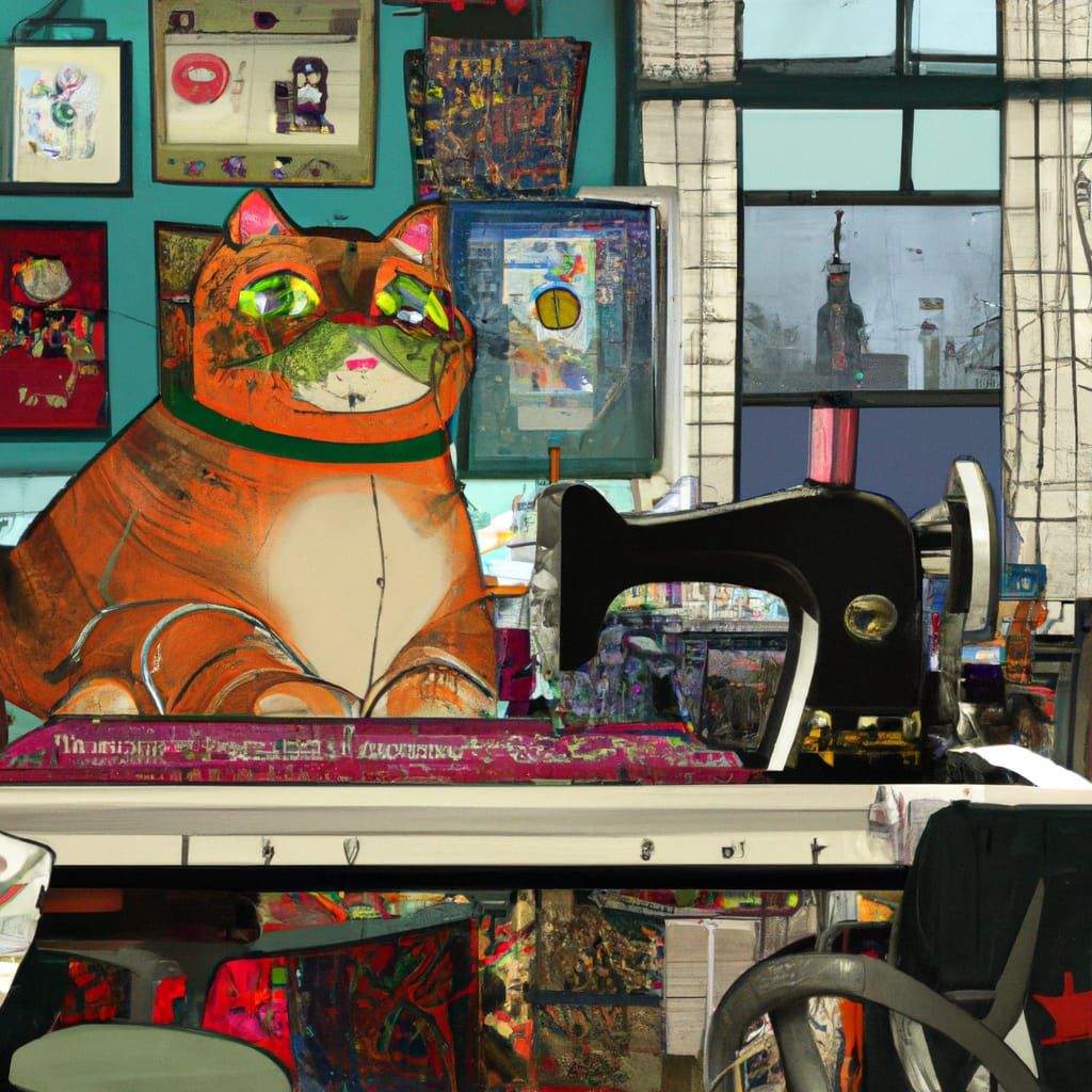 A fat cat in a quilt shop with a vintage Singer sewing machine and fabric. Mark Brooks and Dan Mumford, comic book art, ...