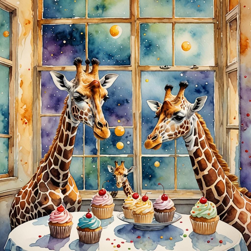 Giraffes Eating Cupcakes: Whimsical Klimt-Inspired Watercolo...