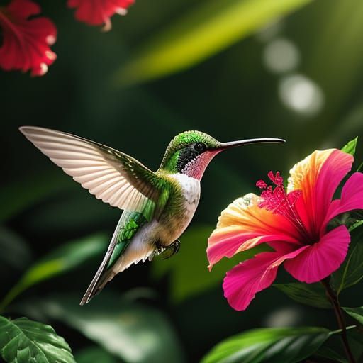 Hyper-Realistic Hummingbird in Tropical Bloom