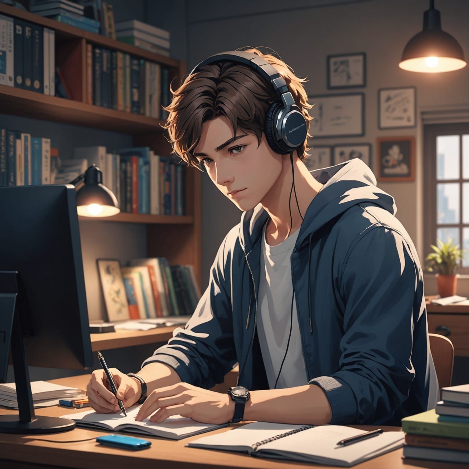 Handsome Student Studying in Dorm: Anime Style