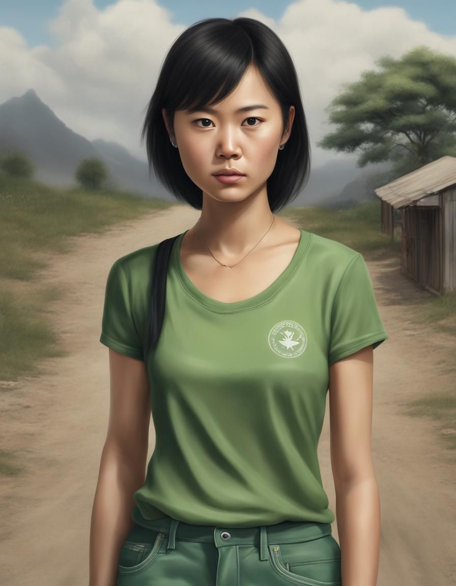 Mongolian Chinese Woman with Bike on Dirt Road