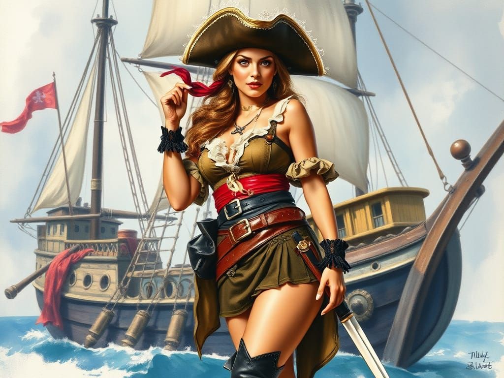 Pirate Pin-Up Girl in Oil Paint and Watercolor