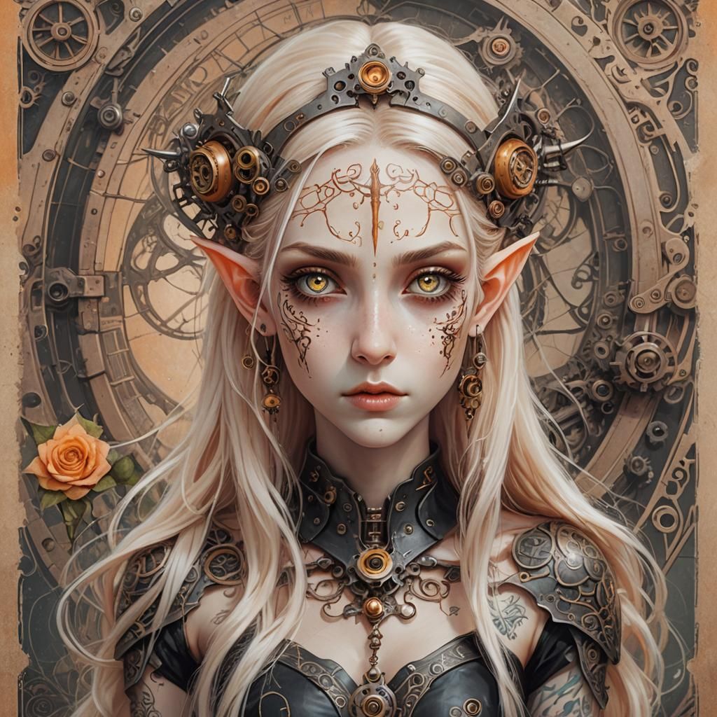 Mechanical Elf with Magical Tattoos in Dark Fantasy Style
