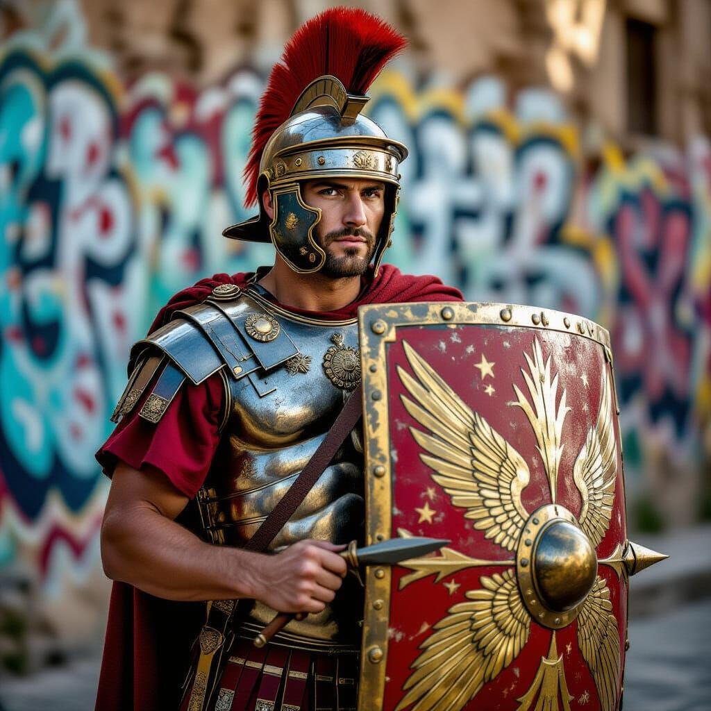 Roman Legionary with Winged Shield in Street Art Style