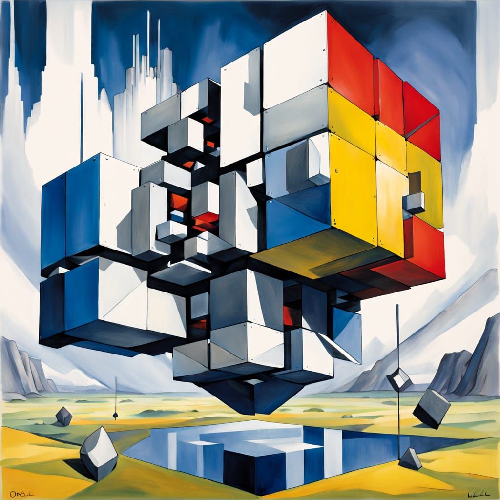 A multi-faceted cube suspended within a field of precisely t...