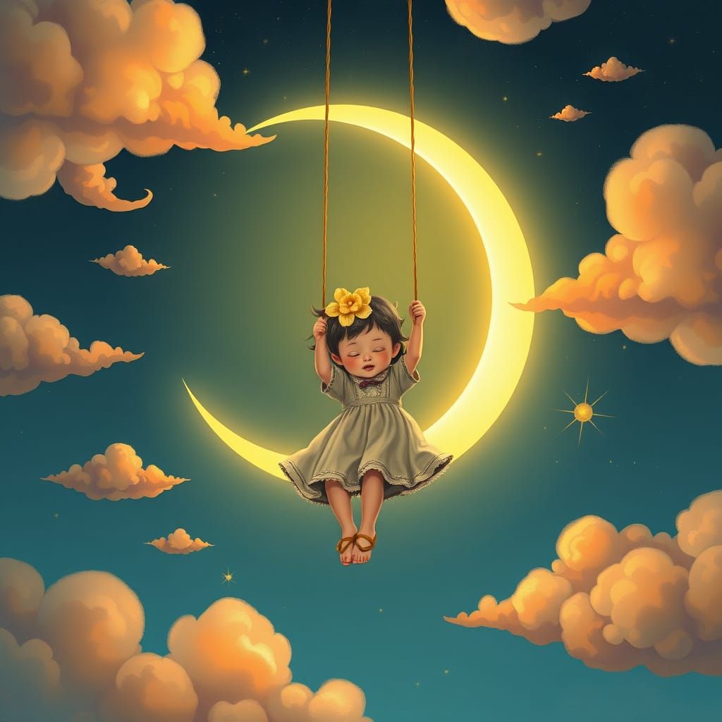 Whimsical Child Swings from Glowing Crescent Moon