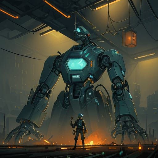 Battle-Hardened Mech in Dark Industrial Landscape