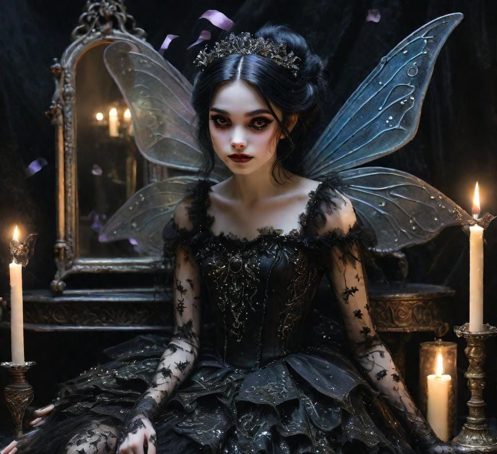 Dark Gothic Fairy at Victorian Vanity, Oil Painting