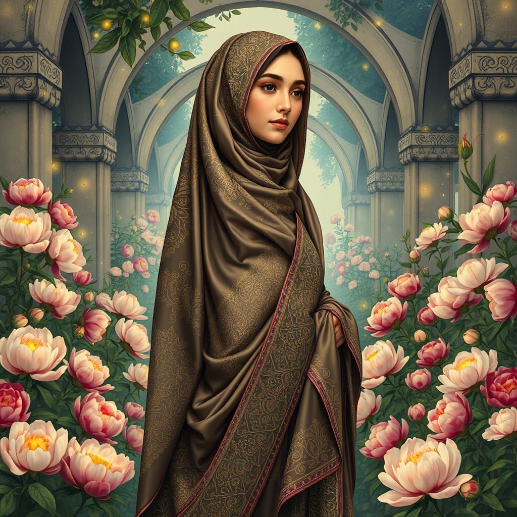 Regal Woman in Hijab in Art Nouveau Garden