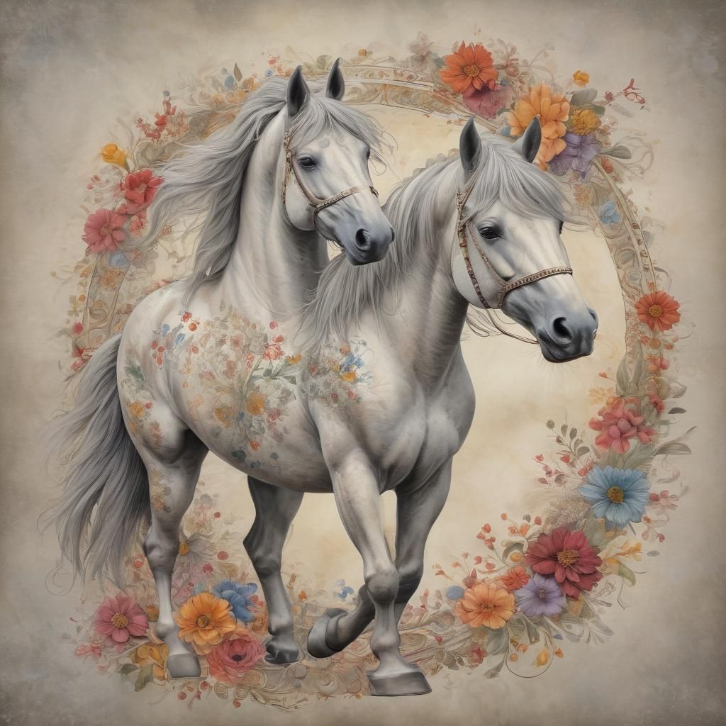 Grey Horse Infilled with Triadic Flowers