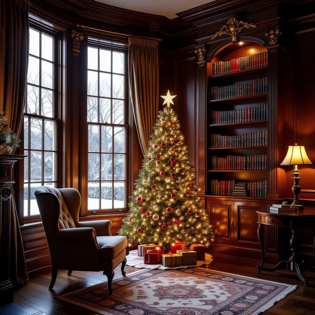 Cozy Room with Bay Window and Christmas Tree