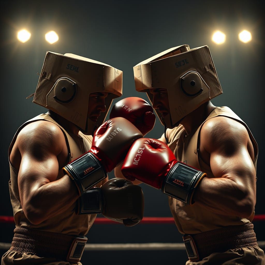 Cardboard Boxers Duel in a Cinematic Arena