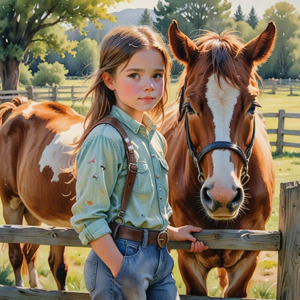 Cowgirl and Pony at Fence in Watercolor