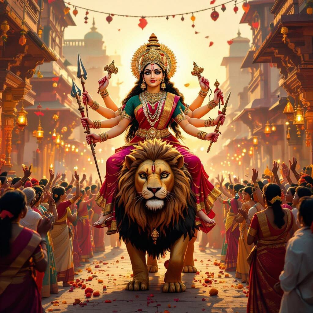 Goddess Durga Festival Procession in Golden Hour Light