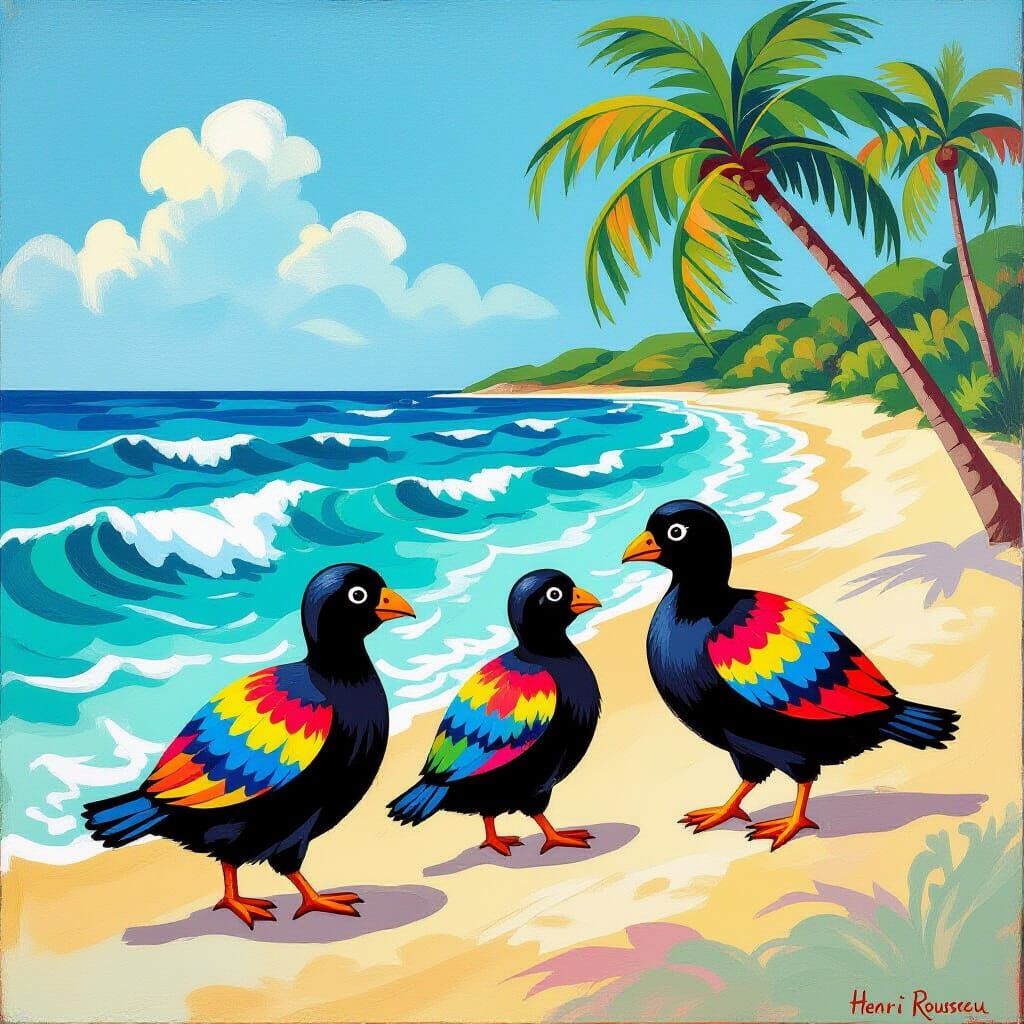 Dodo Birds on a Beach in Naive Art Style
