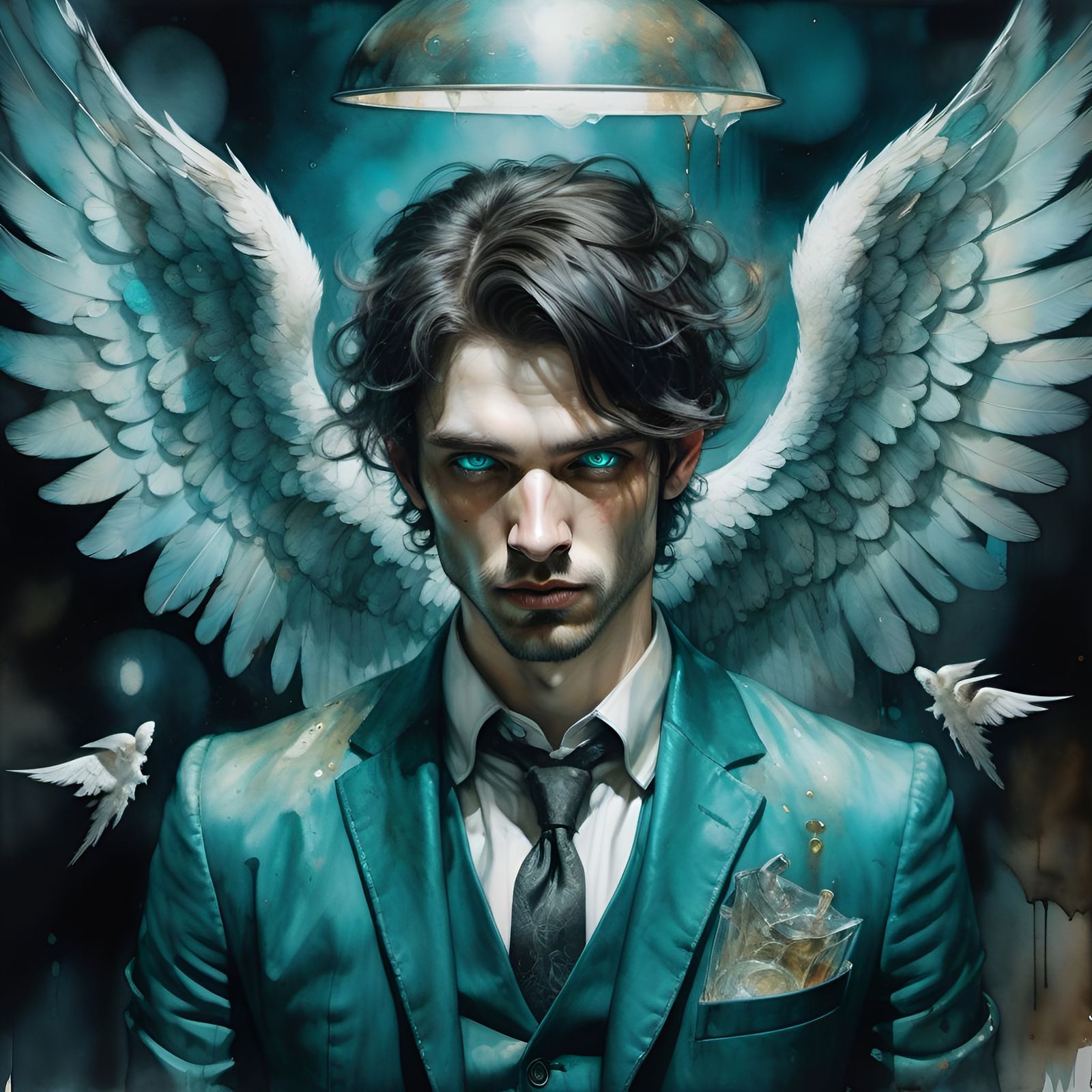 A young man dark haired teal eyed, Angel or Demon?