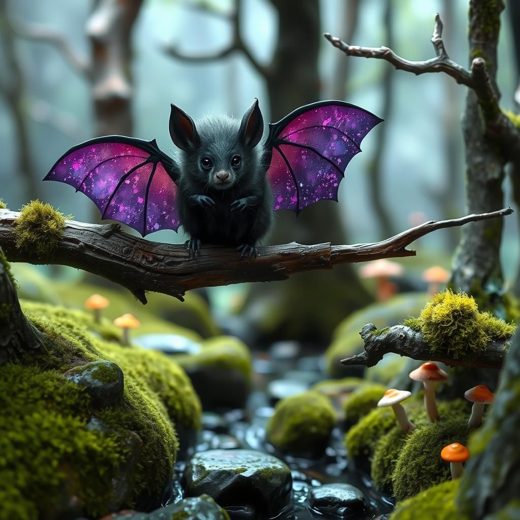 Whimsical Dark Fantasy Bat in Enchanted Forest Diorama