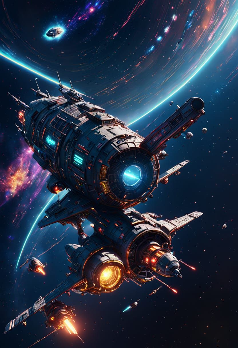 Retro Sci-Fi Spaceship in Neon Space