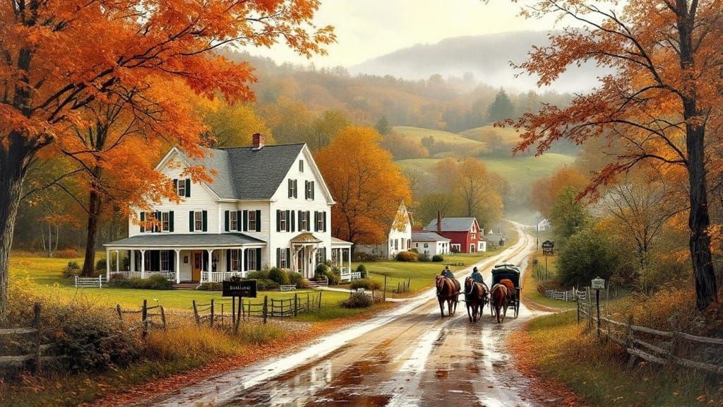 Autumn Reflections on a Quaint Vermont Village Lane