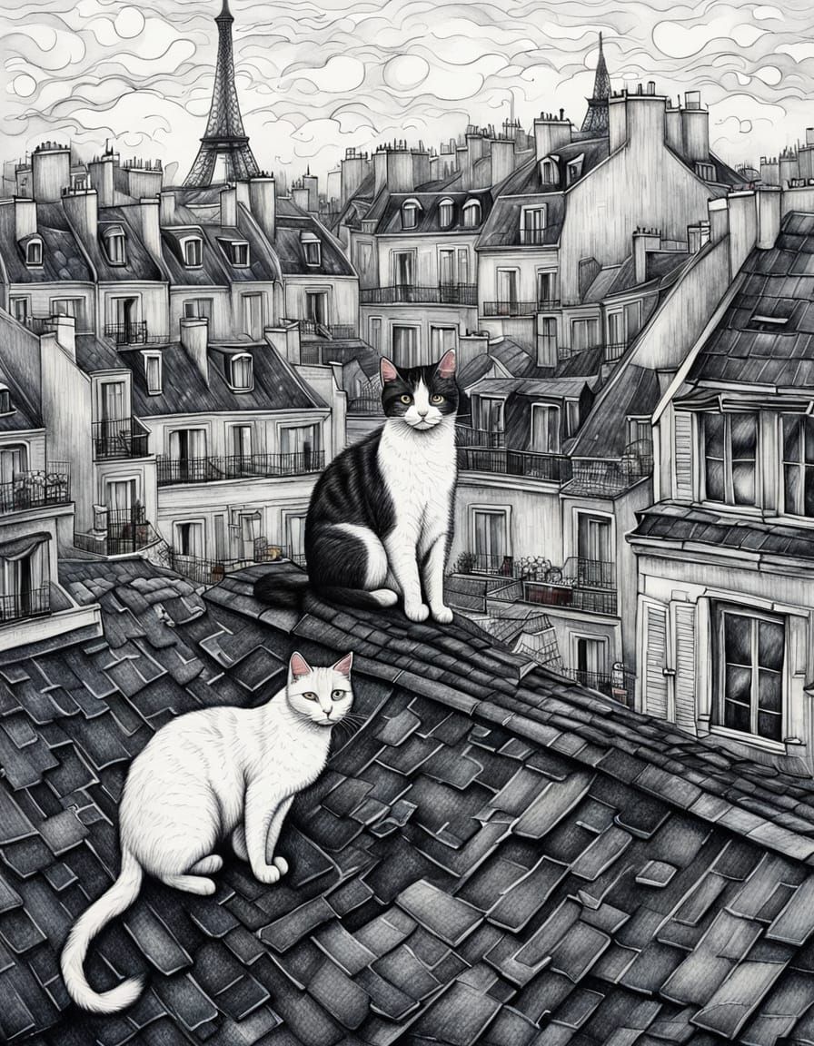 Cats on Paris Roofs: Whimsical Pencil Drawing