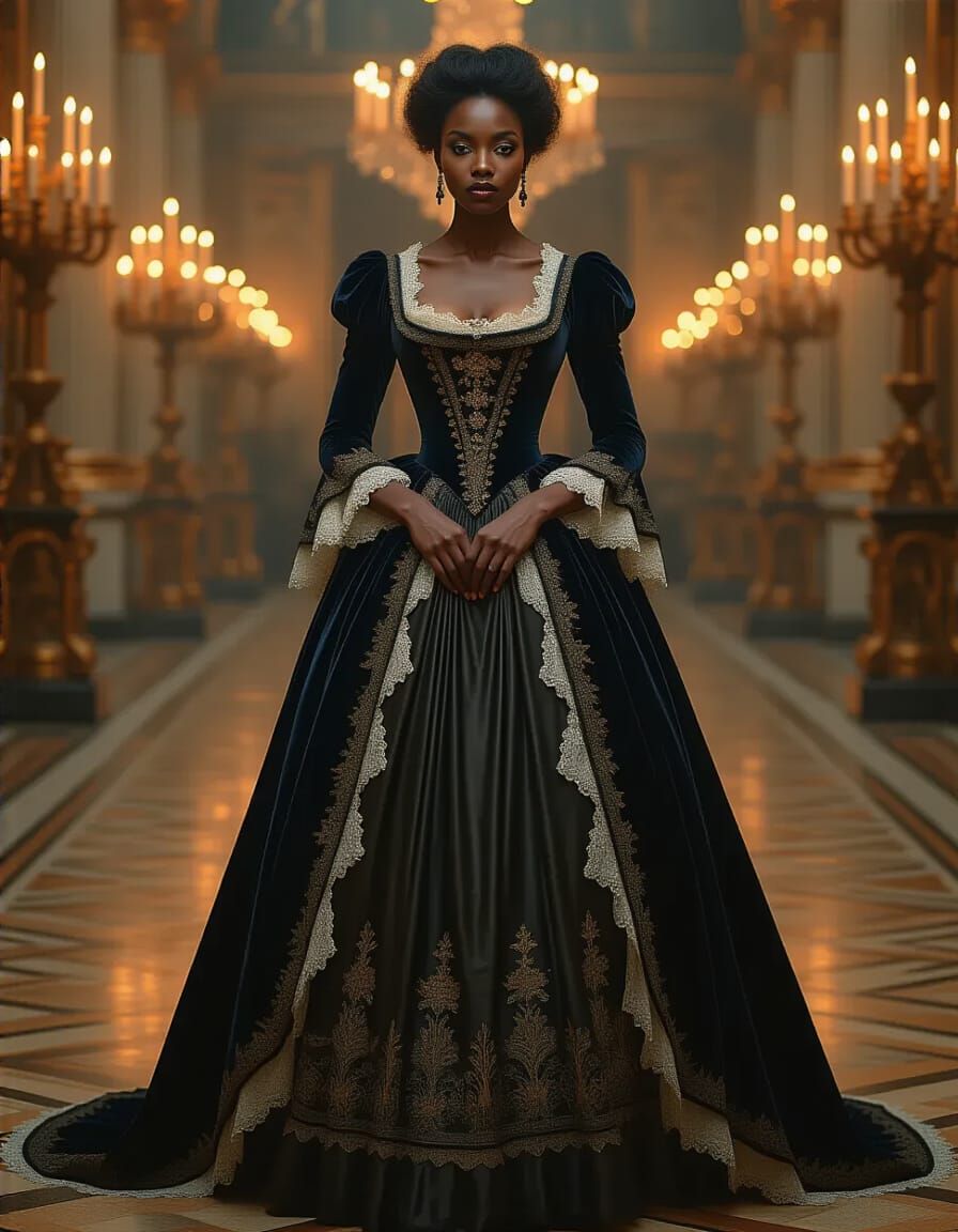 Elegant Woman in Regal Dress, Ballroom Setting