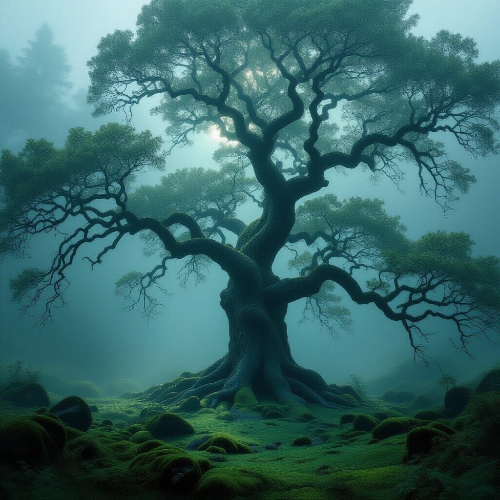 Ancient Oak in Mystical Foggy Forest Landscape