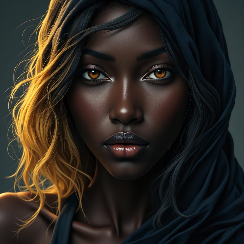 Dramatic Portrait of a Black Woman with Gold and Blue Hair