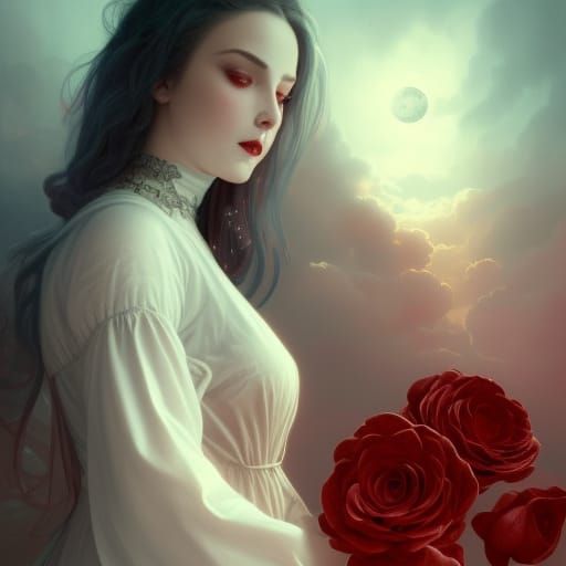 Eerie Victorian Woman Portrait with Gothic Roses