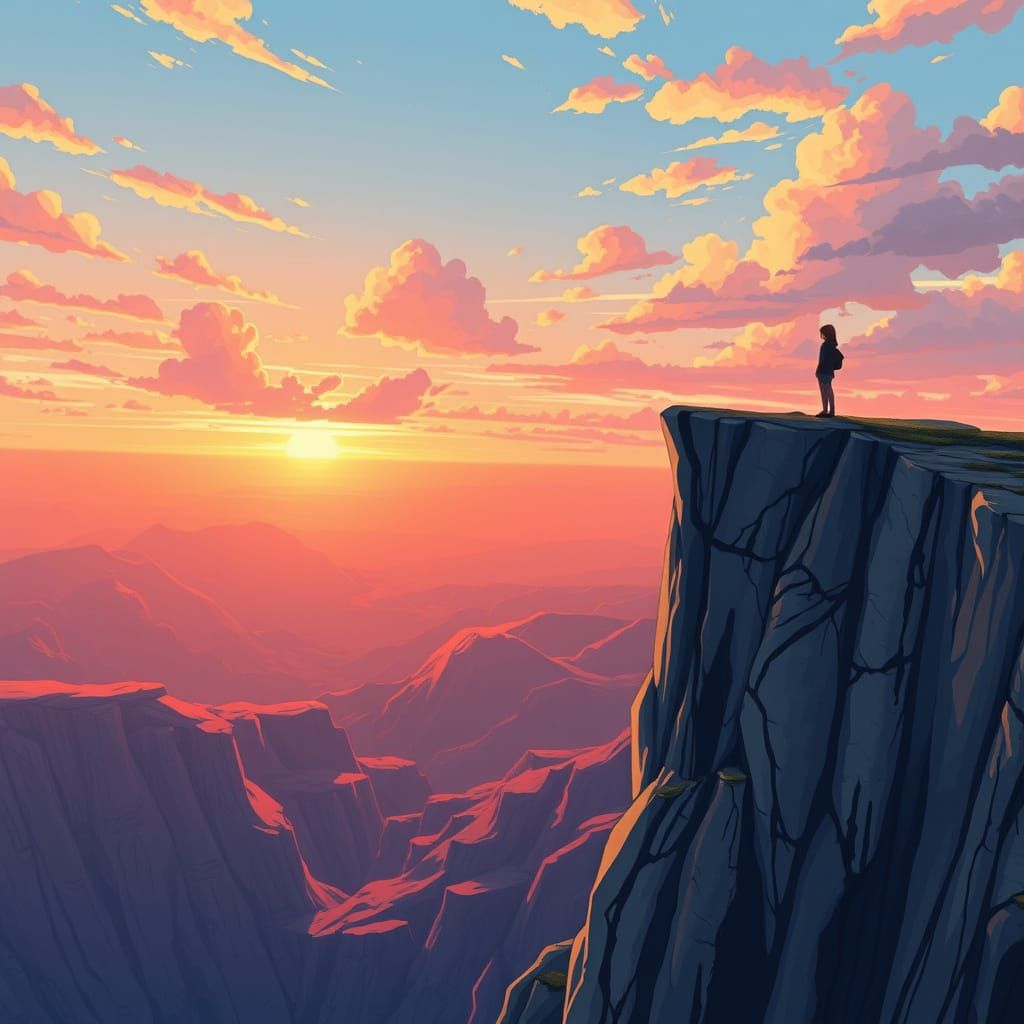 Whimsical Sunset Landscape in Anime Style