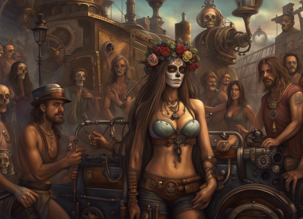 Peaceful Day of the Dead Woman with long hair in bikini top, surrounded by other men and woman having a party, steampunk...