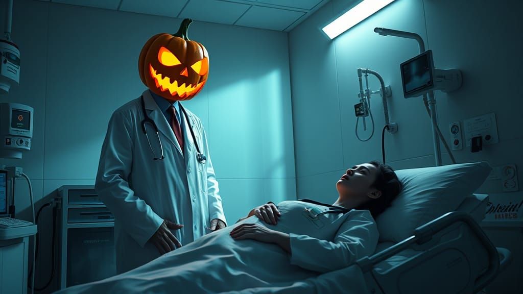 Surreal Jack O'Lantern Doctor in Hospital Room