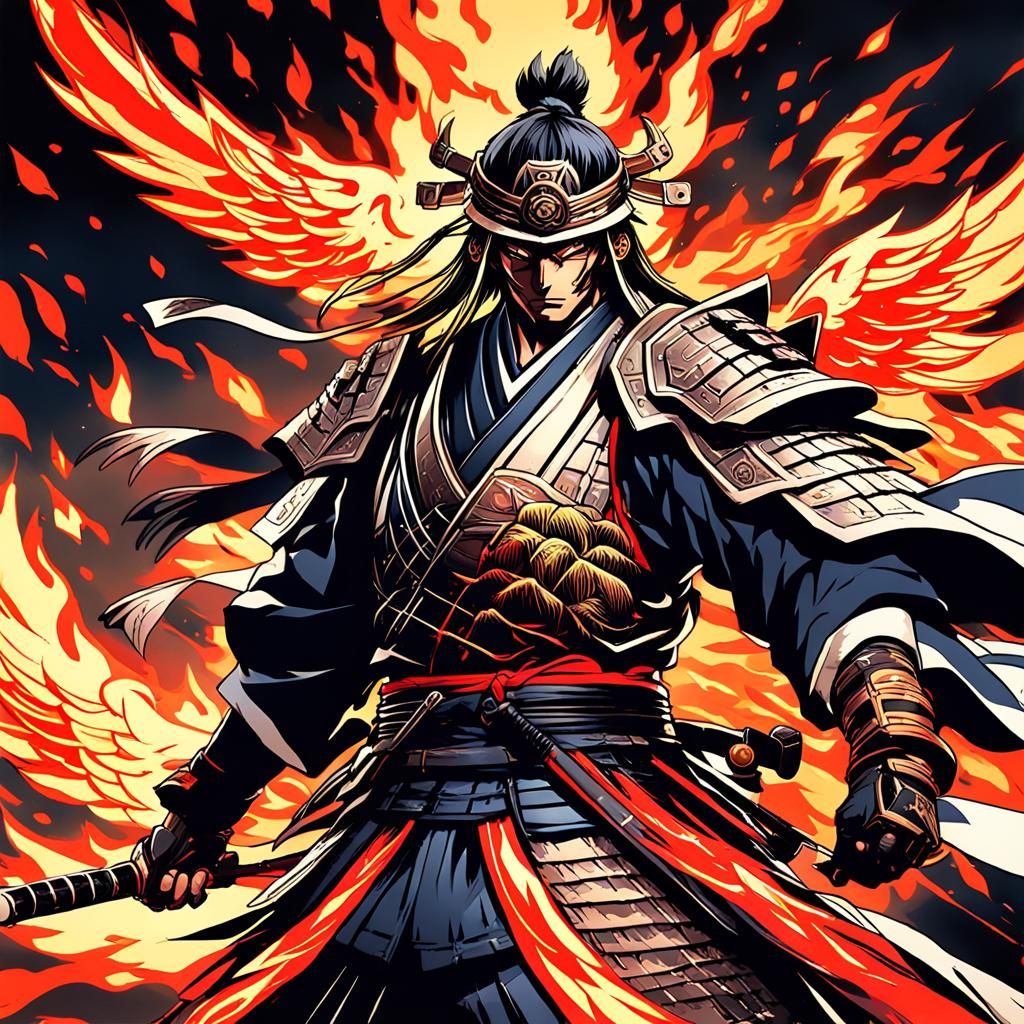 Flaming Winged Samurai in Anime Style