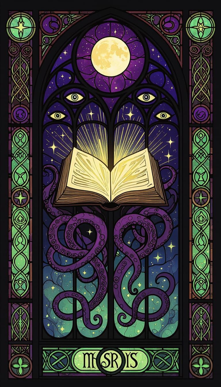 Gothic Stained Glass Window with Necronomicon, Mystical Art