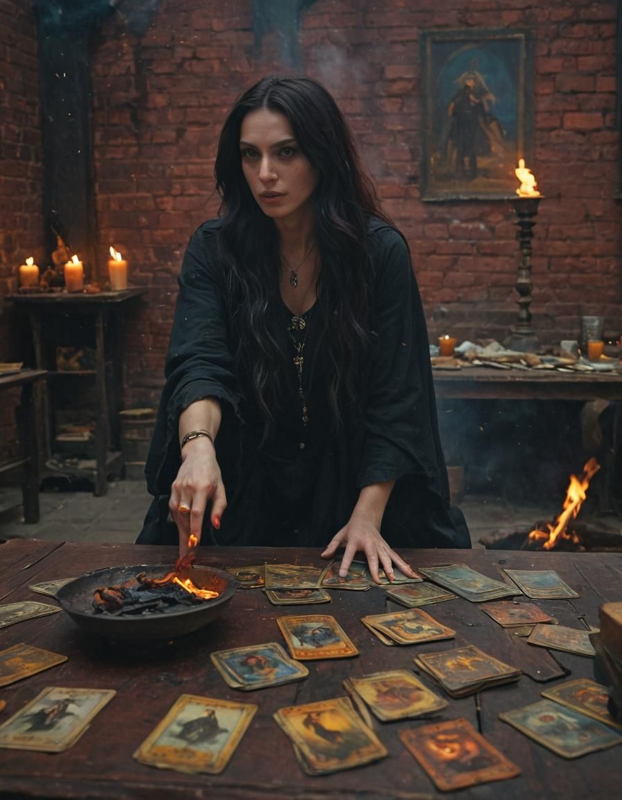 Witch with Burning Eyes Reads Tarot Cards